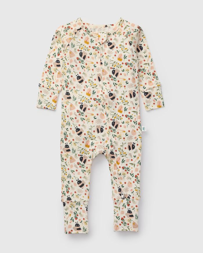 Loulou Lollipop TENCEL baby sleeper footie pajamas in Bumble Bees — front view on white background