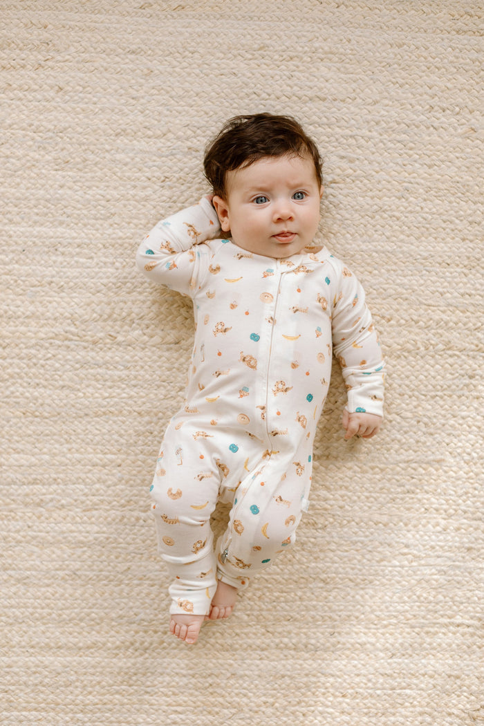 Loulou Lollipop TENCEL baby sleeper footie pajamas in French Breakfast — front view on white background