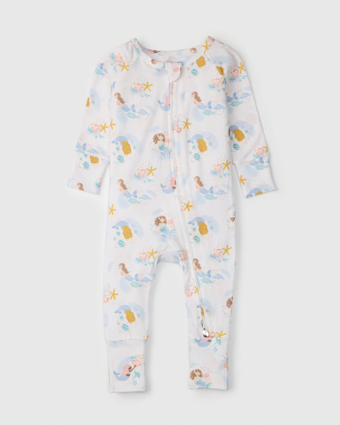 Loulou Lollipop TENCEL baby sleeper footie pajamas in Mermaids — front view on white background