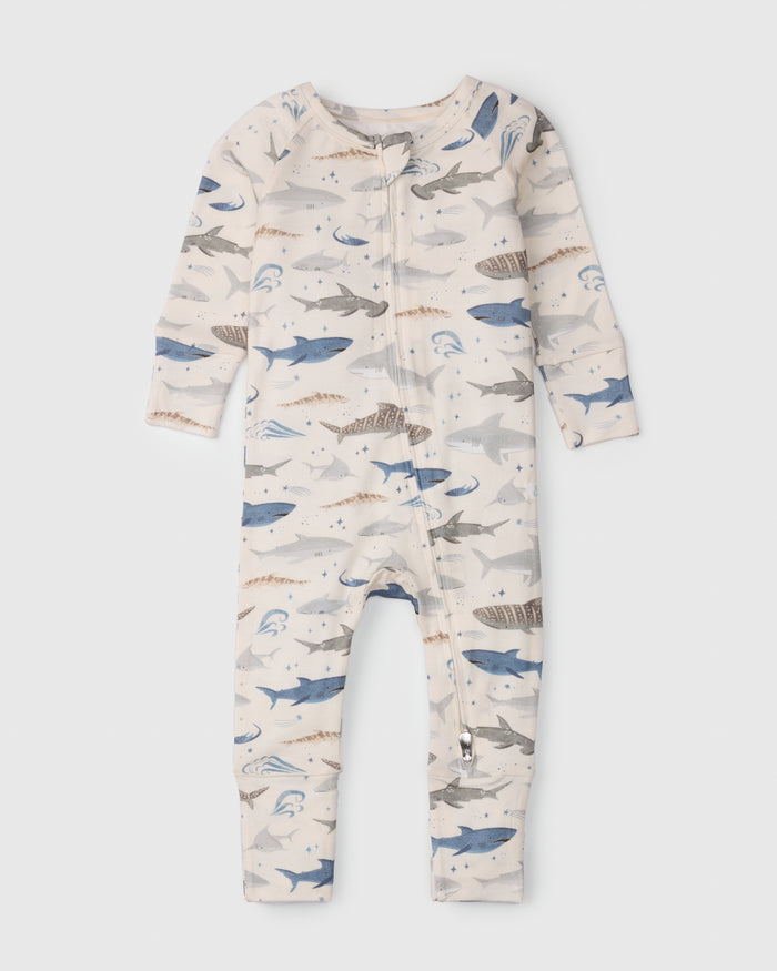 Loulou Lollipop TENCEL baby sleeper footie pajamas in Smiley Sharks — front view on white background