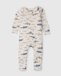 Loulou Lollipop TENCEL baby sleeper footie pajamas in Smiley Sharks — front view on white background