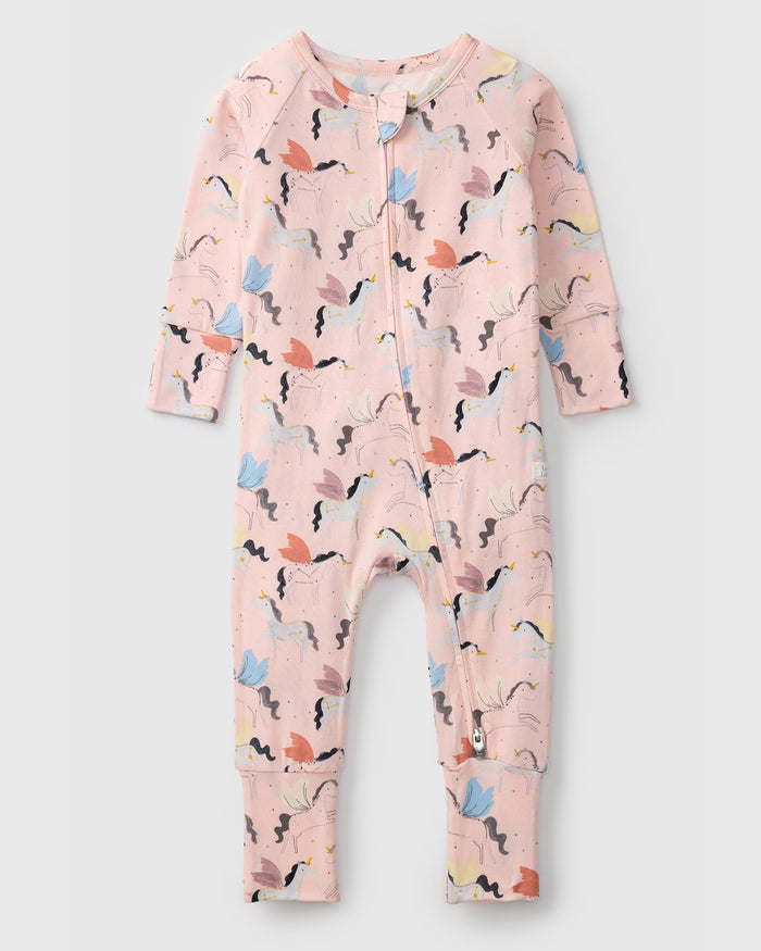 Loulou Lollipop TENCEL baby sleeper footie pajamas in Unicorn Ballet — front view on white background