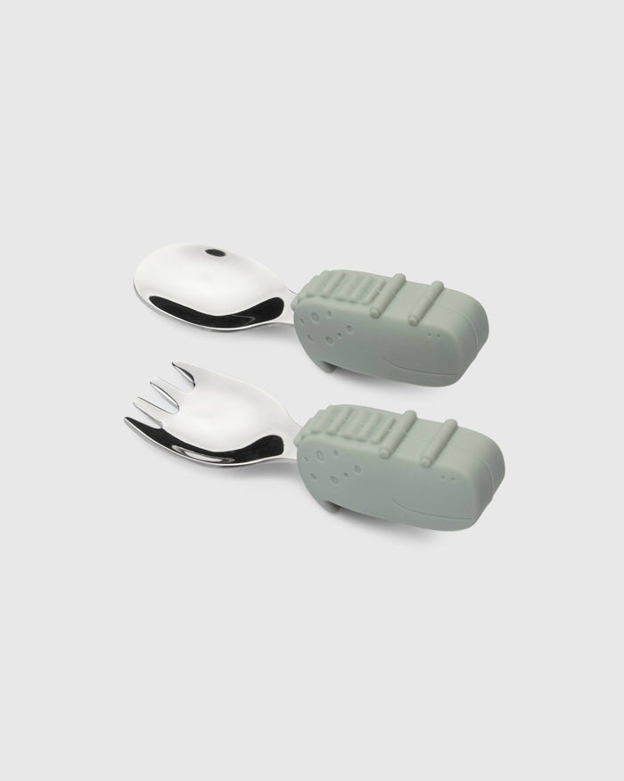 Loulou Lollipop Learning Utensils Set in Alligator — front view on white background