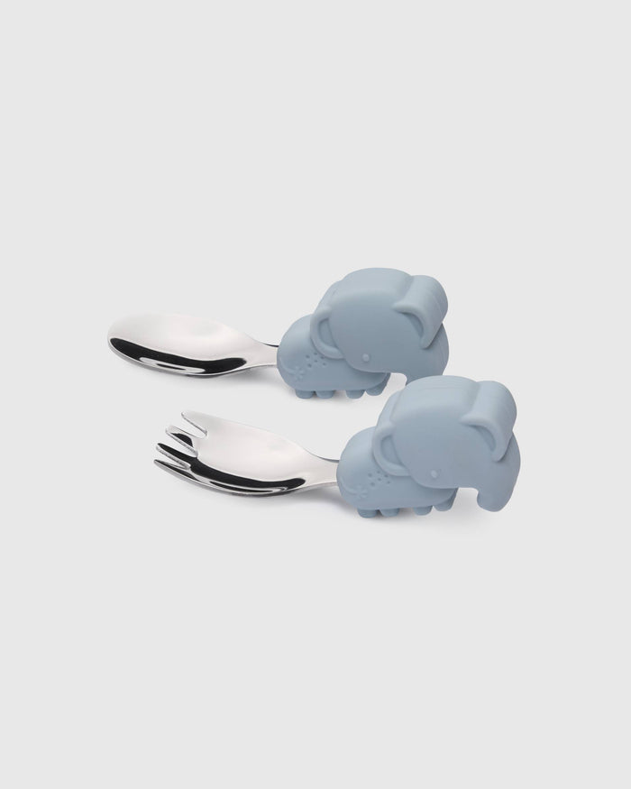Loulou Lollipop Learning Utensils Set in Elephant — front view on white background