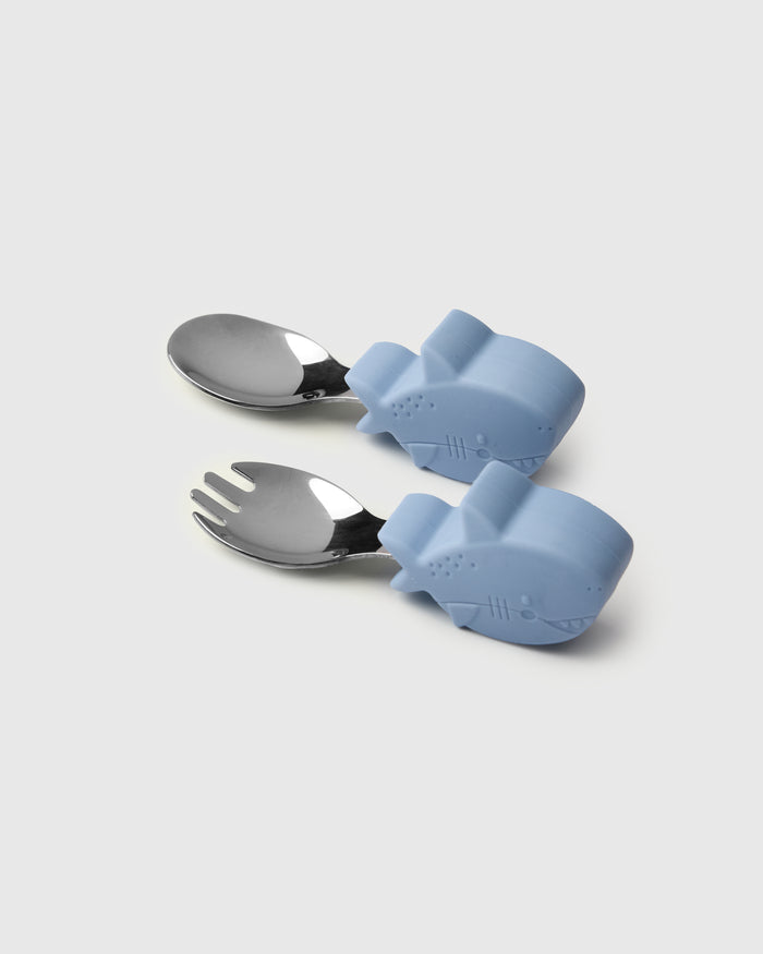 Loulou Lollipop Learning Utensils Set in Sarah Shark — front view on white background