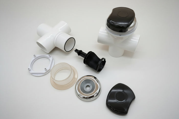 Lightƒ??grey Balboa 50mm 3ƒ??way spa diverter valve with stainlessƒ??style cap, featuring three waterƒ??flow ports and a topƒ??mounted turning handle.