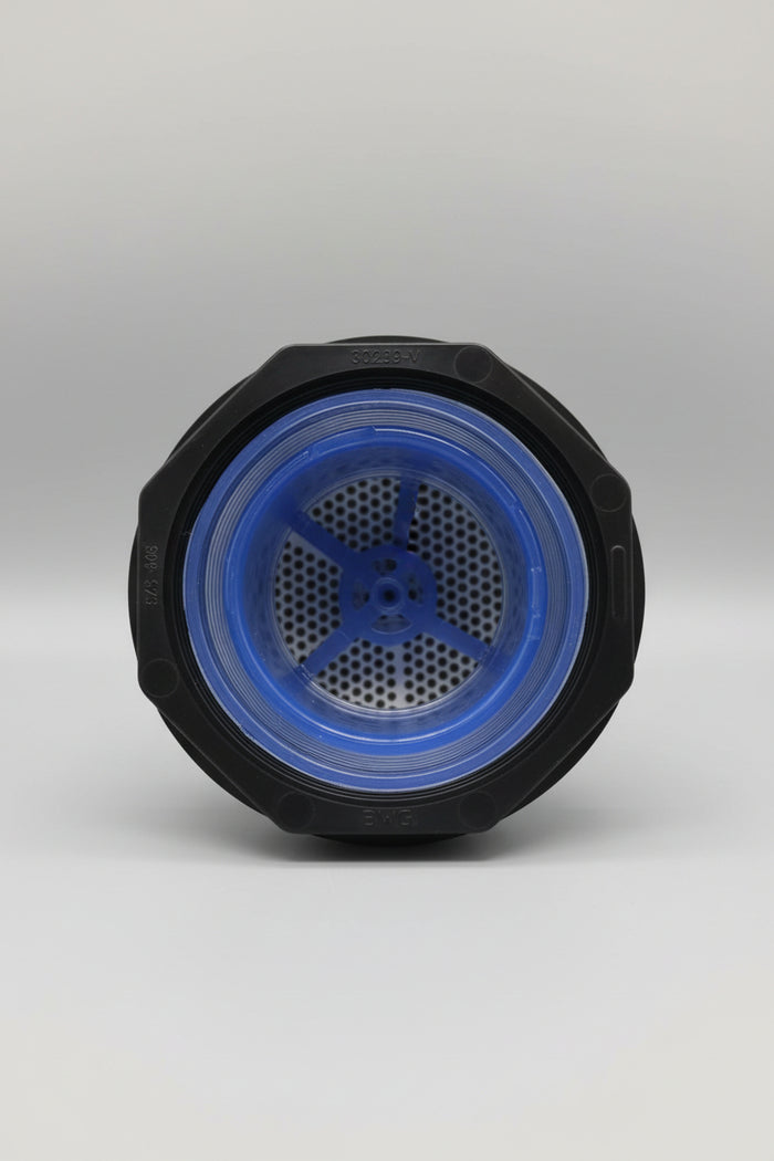 A top-down view of a black and blue plastic filter basket insert, likely for a coffee maker, placed on a light brown wooden surface.