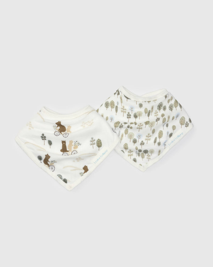 Loulou Lollipop bandana bib set 2-pack in Bears on Bikes — front view on white background