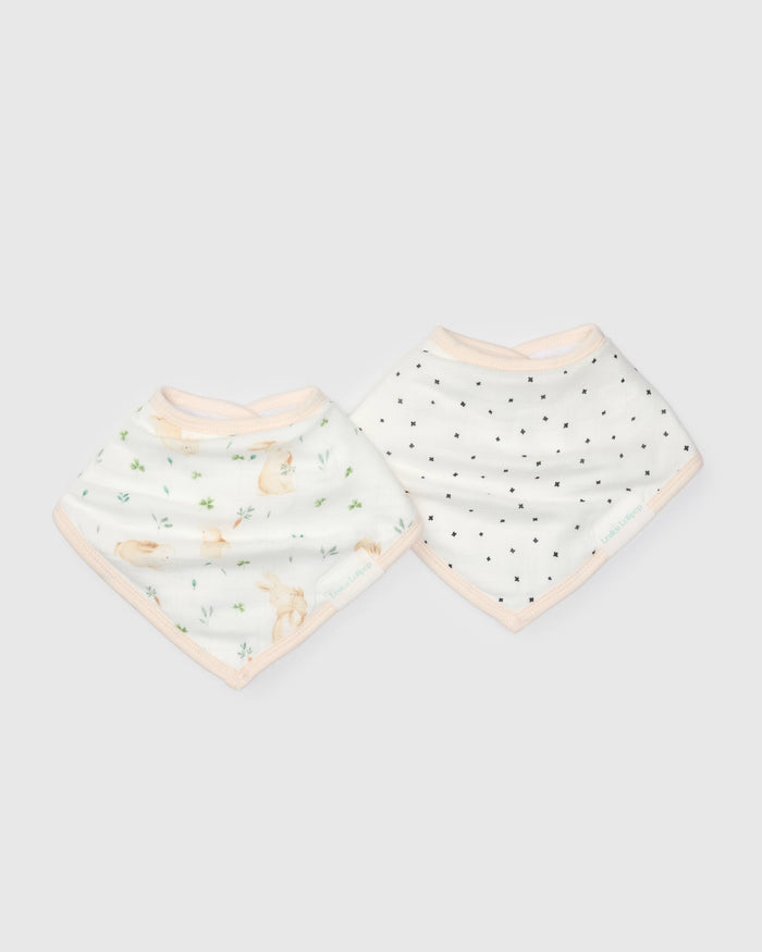 Loulou Lollipop bandana bib set 2-pack in Bunny Meadow — front view on white background