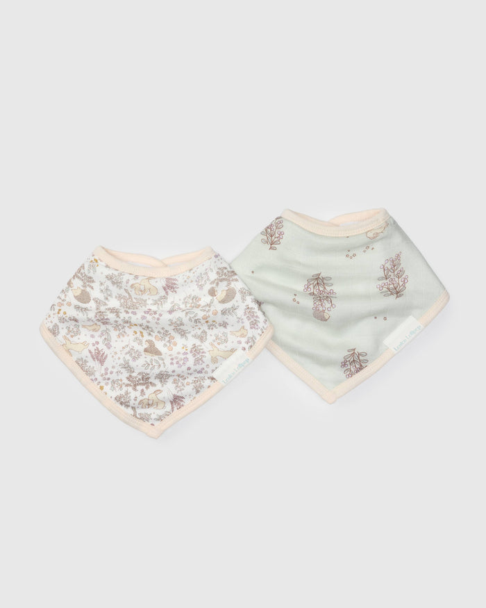 Loulou Lollipop bandana bib set 2-pack in Hedgehog Forest — front view on white background