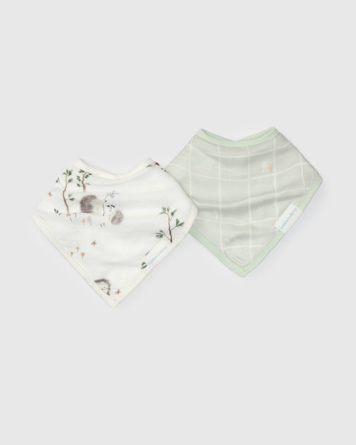 Loulou Lollipop bandana bib set 2-pack in Hedgehogs — front view on white background