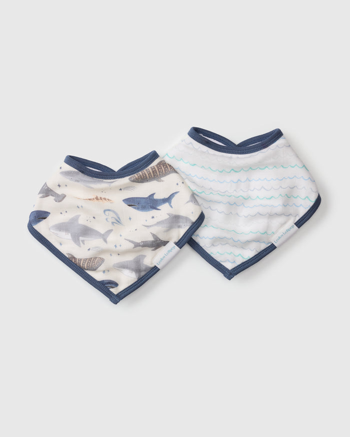 Loulou Lollipop bandana bib set 2-pack in Smiley Sharks — front view on white background