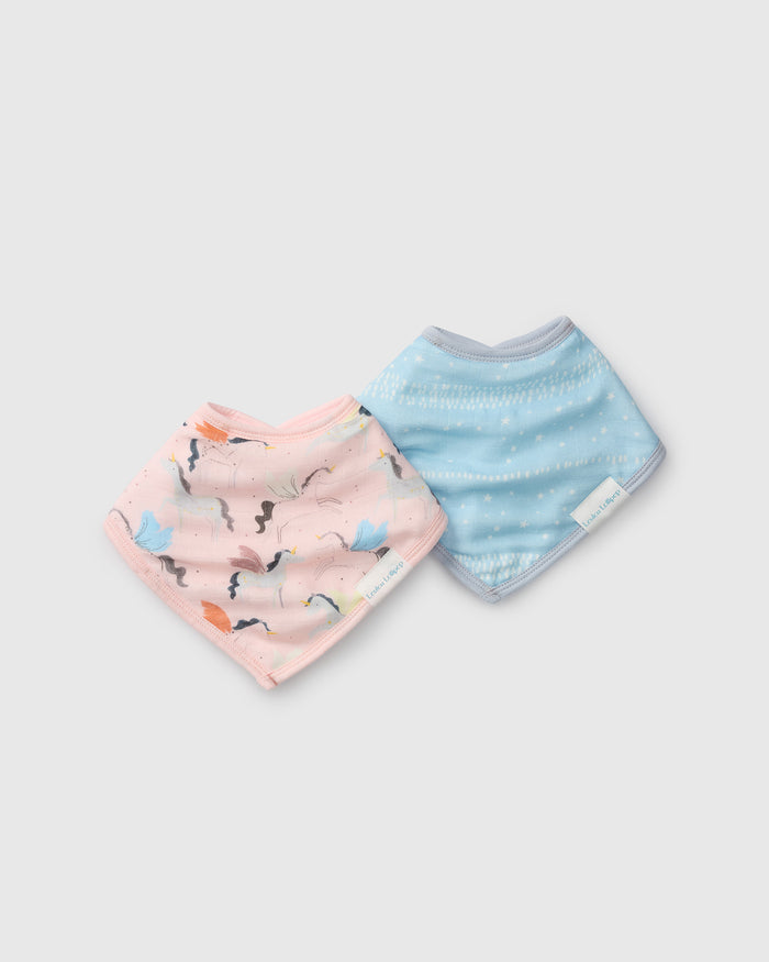 Loulou Lollipop bandana bib set 2-pack in Unicorn Ballet — front view on white background