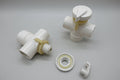 White 3ƒ??way 40mm bathtub diverter valve with tearƒ??drop style top handle, featuring three connection ports for water flow control.
(Modeled from closest available product image showing a white 3ƒ??way valve design.)
