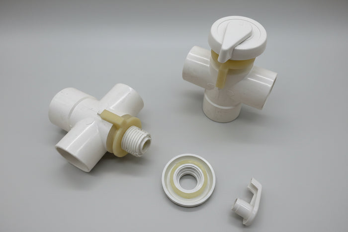 White 3ƒ??way 40mm bathtub diverter valve with tearƒ??drop style top handle, featuring three connection ports for water flow control.
(Modeled from closest available product image showing a white 3ƒ??way valve design.)