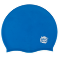 Flatlay image of blue silicone swim hat.