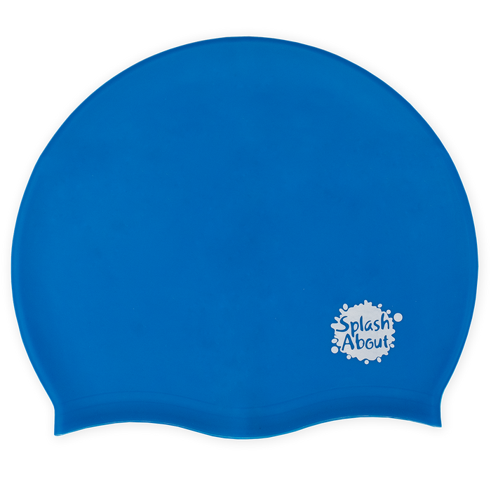 Flatlay image of blue silicone swim hat.