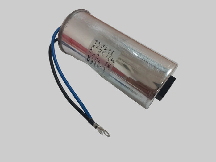 10?æF 450VAC aluminium motorƒ??run capacitor (CBB65Aƒ??1G) with blue and black leads, suitable for Gecko Maelstrom MSƒ??1 and 1SP pumps.