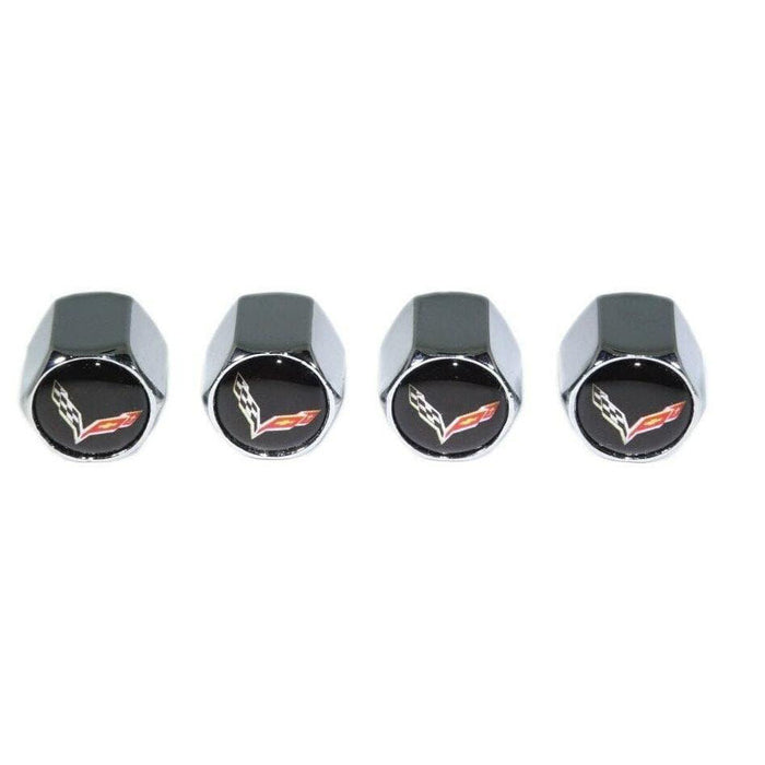 Chrome Valve Stem Tire Caps, Style: Corvette, Black Background - ZSPEC Design LLC - Hardware Fasteners - cap, Corvette, tire - zspecdesign.com