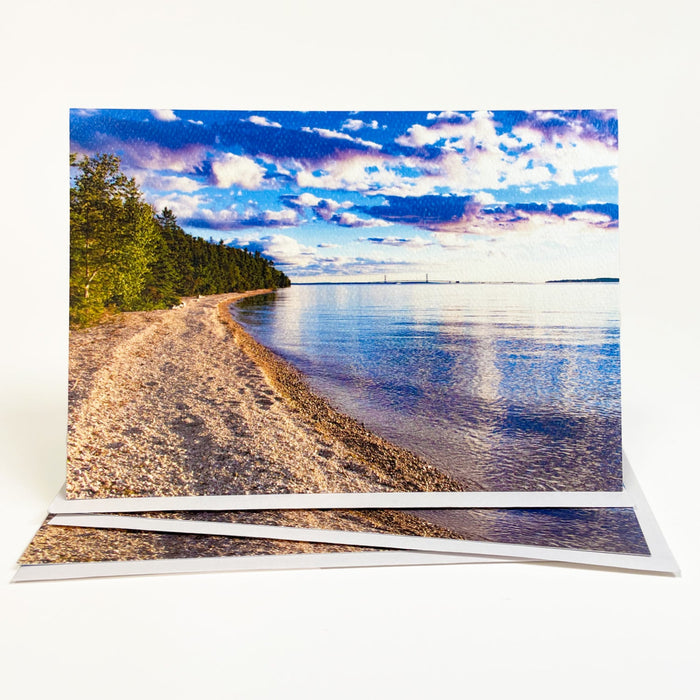 Blank greeting card featuring a photograph of the Mackinac Bridge by local photographer Jennifer Wohletz of Mackinac Island, Michigan.  Open the card to discover another photo inside!  May be customized for Mackinac Island wedding invitations, announcements and thank you notes.  Made in Michigan.