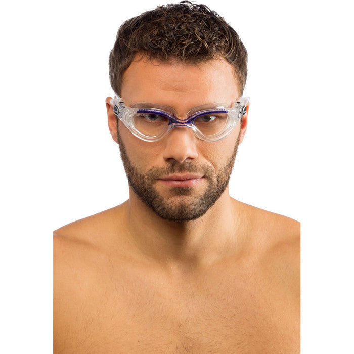 Man wearing clear and blue swim goggles
