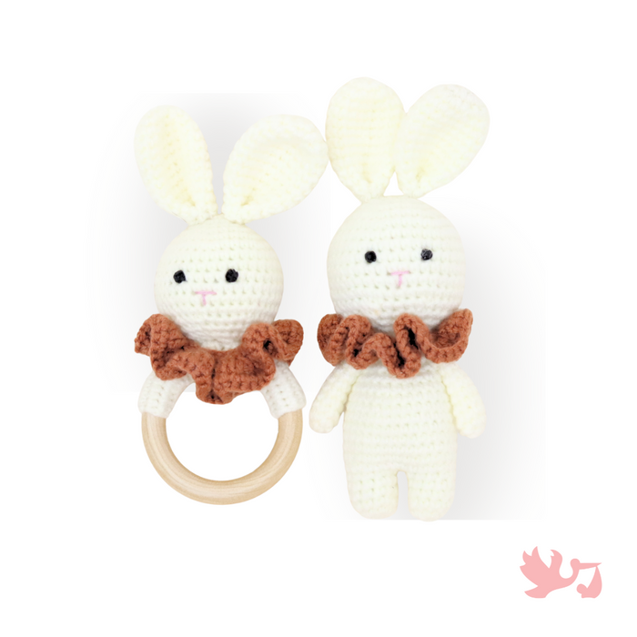 Crochet Bunny Toy and Silicone Teething Ring 2-piece set by Mommy's Charms
