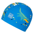 Baby swim hat in blue featuring crocodiles themed print.