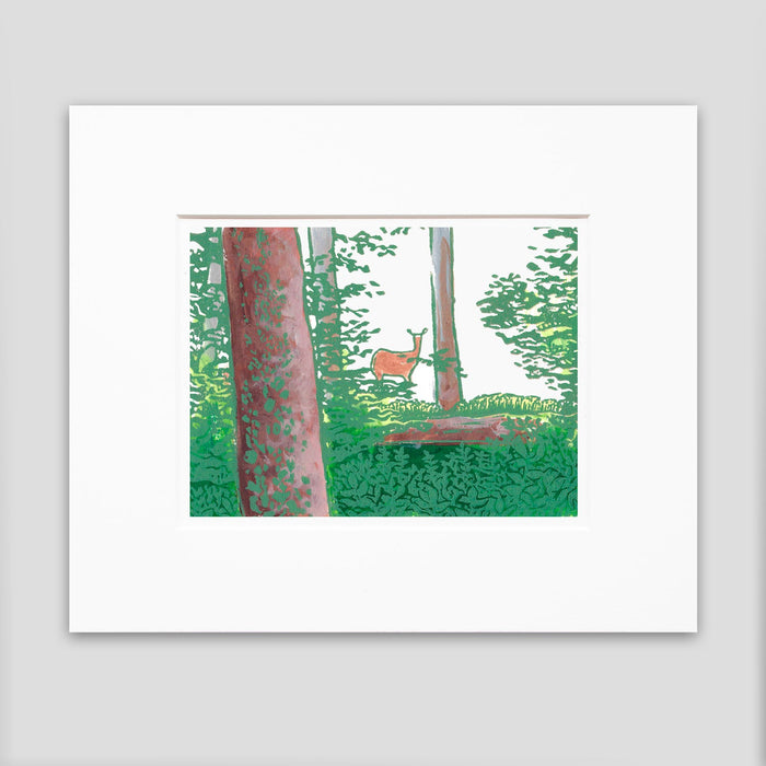 Beautiful deer art by printmaker Natalia Wohletz of Peninsula Prints titled Deer in the Woods.