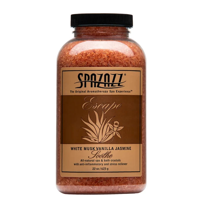 SPAZAZZ Escape White Musk Vanilla Jasmine Soothe aromatherapy crystals for spa and hot tub relaxation.