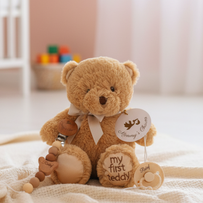 Personalized First Teddy Bear  wooden baby keepsake toy by Mommy's Charms