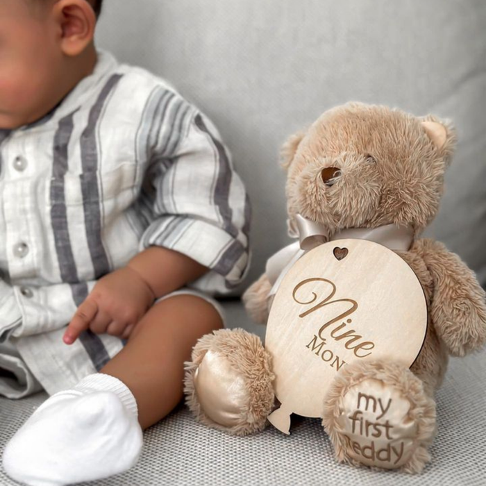 Personalized First Teddy Bear  wooden baby keepsake toy by Mommy's Charms