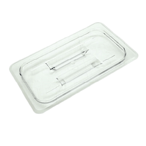 Clear polycarbonate food pan cover on a white background