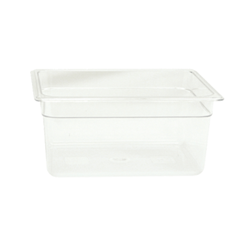 Clear polycarbonate food pan on a white background