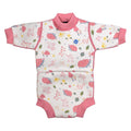Baby wetsuit with built in swim diaper in white with pink trims and forest themed print, including hedgehogs, mushrooms and leaves. Front.