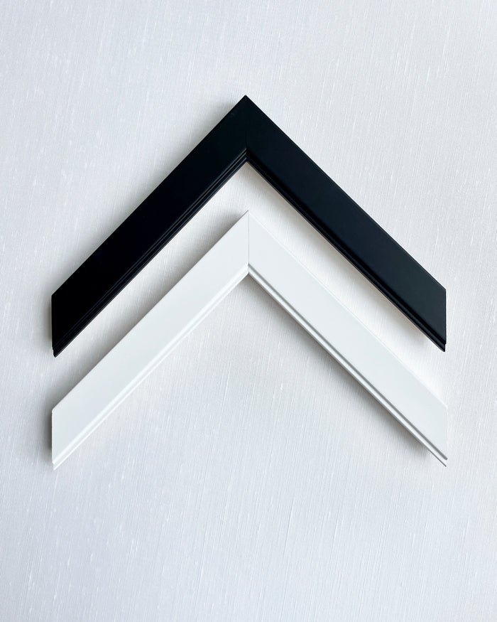 One black and one white frame sample options.
