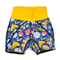 Neoprene swim shorts in navy blue with yellow waist and floral print. Front.