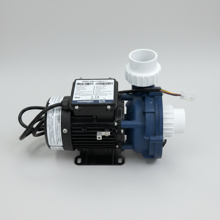 Gecko Maelstrom CMS circulation pump label showing model number CMS V256 0.2, electrical specifications, flow rate, head pressure, IPX5 rating, and Gecko Alliance branding.
