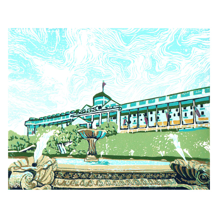 Grand Fountain  Original Block Print by Natalia Wohletz of Peninsula Prints, Mackinac Island, Michigan.