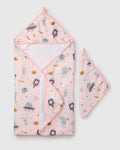 Loulou Lollipop hooded baby towel set in Astro Explorers — front view on white background