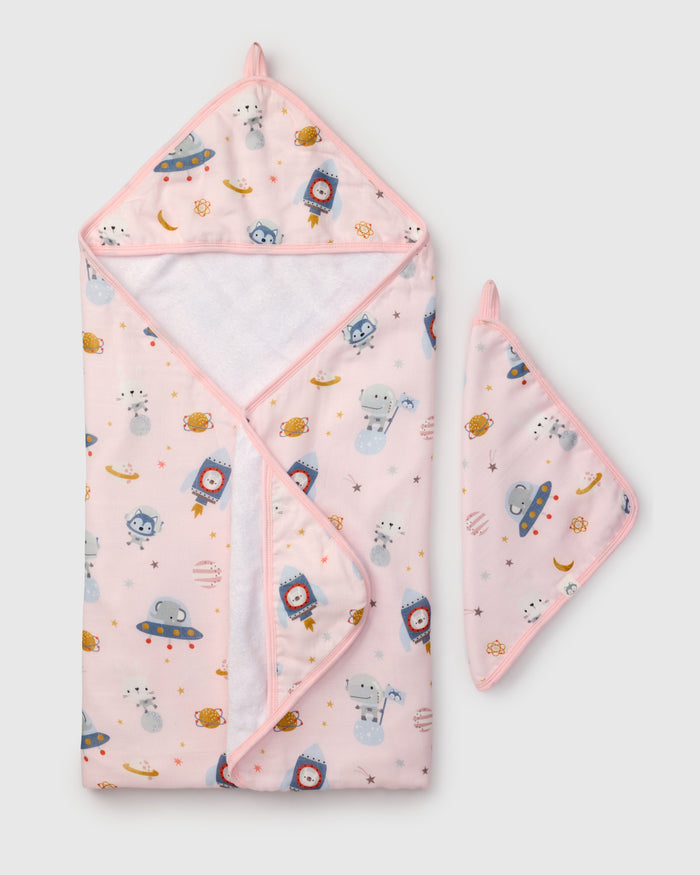 Loulou Lollipop hooded baby towel set in Astro Explorers — front view on white background