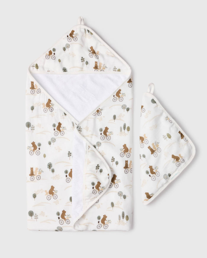 Loulou Lollipop hooded baby towel set in Bears on Bikes — front view on white background