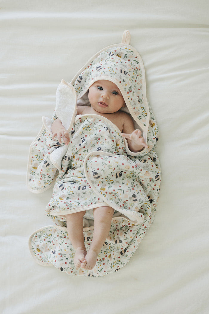 Loulou Lollipop hooded baby towel set in Bumble Bees — front view on white background