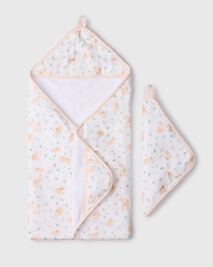 Loulou Lollipop hooded baby towel set in Bunny Meadow — front view on white background