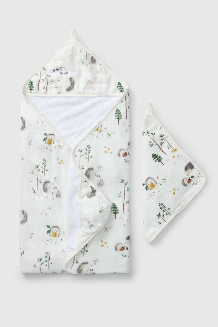 Loulou Lollipop hooded baby towel set in Hedgehogs — front view on white background