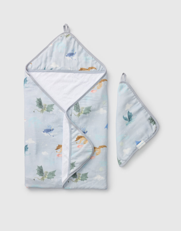 Loulou Lollipop hooded baby towel set in Magical Dragons — front view on white background