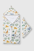 Loulou Lollipop hooded baby towel set in Safari Jungle — front view on white background