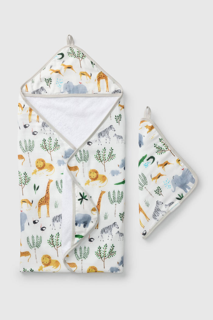 Loulou Lollipop hooded baby towel set in Safari Jungle — front view on white background