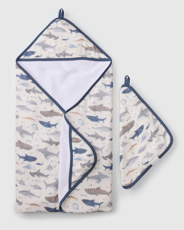 Loulou Lollipop hooded baby towel set in Smiley Sharks — front view on white background