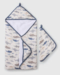 Loulou Lollipop hooded baby towel set in Smiley Sharks — front view on white background