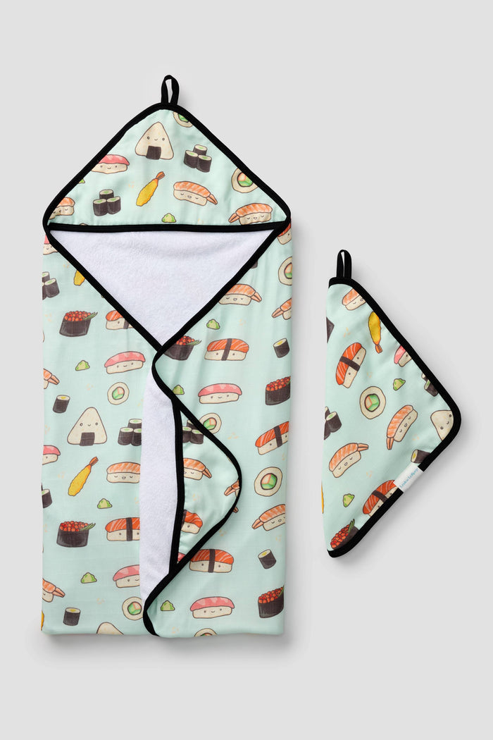 Loulou Lollipop hooded baby towel set in Sushi — front view on white background